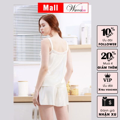 Đồ bộ mặc nhà phi lụa cao cấp WANNABE BSS54 bộ sọt 2 dây bản 2 cm thắt nơ điệu đà nữ tính nhẹ nhàng xinh xắn