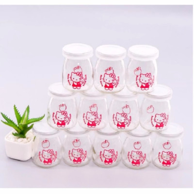 combo 12 hũ thủy tinh đựng sữa chua 100ml mẫu trụ tròn vát eo - nắp nhựa - không hoạ tiết hoặc hoạ tiết ngẫu nhiên