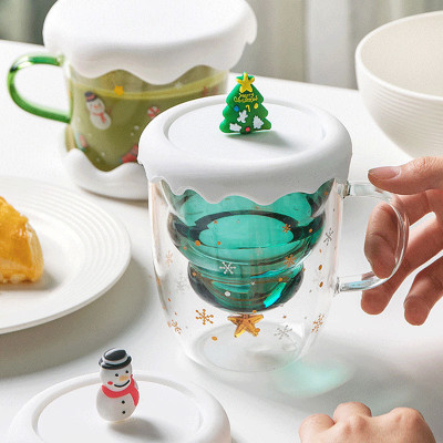 Ly thủy tinh giáng sinh chịu nhiệt Borosilicate 2 lớp có tay cầm kiểu dáng cây noel