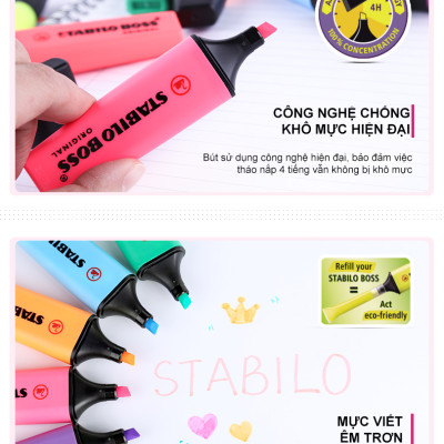 Bộ bút dạ quang STABILO BOSS ORIGINAL - Bộ 3 Bút dạ quang STABILO BOSS ORIGINAL Pastel vàng + hồng + tím (HLP70-C459)