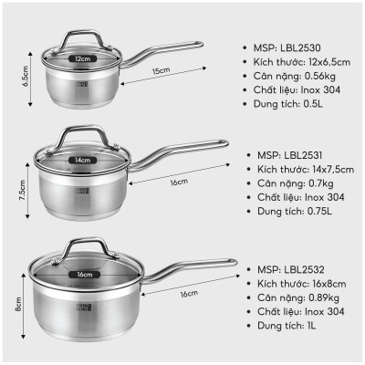 Quánh inox 304 vung kính đáy 3 lớp Lebenlang LBL2530,  LBL2531, LBL2532, size 12,14,16, dùng các loại bếp - hàng chính hãng