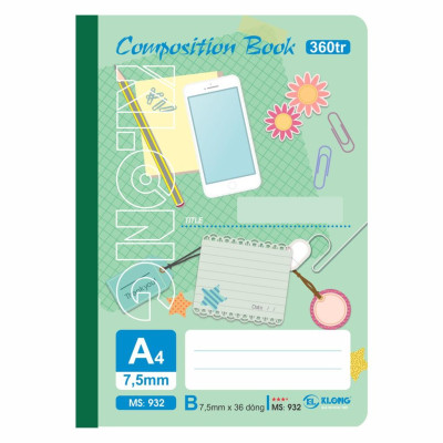 Sổ kẻ ngang may dán gáy Composition book KLONG A4 360 trang 58/92; MS: 932