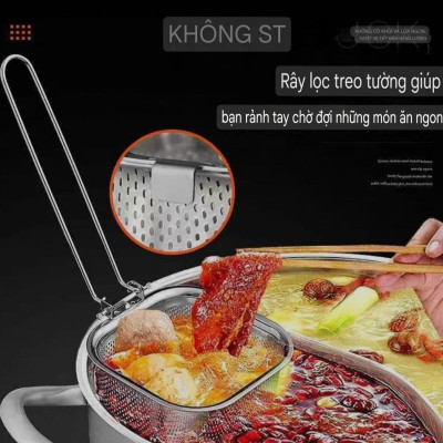  RÂY LỌC CHAO VỚT VỢT CHUYÊN DỤNG LẨU INOX SUS 304 - THÉP KHÔNG GỈ, TAY CẦM CÓ THỂ GẬP LẠI, 4 VỊ TRÍ KHÁC NHAU - CÓ CẠNH TREO XOONG NỒI TIỆN DỤNG 