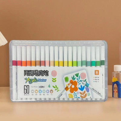 Bút lông tô màu Crylic Marker 60 màu cao cấp vẽ trên nhiều chất liệu, không thấm nước, chống nhòe dành cho học sinh - Hàng chính hãng 