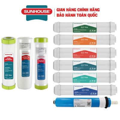 Bộ lõi lọc nước Sunhouse từ 1 đến 10, Gồm có: Lõi lọc thô 123, Lõi lọc số 4 RO, 6 lõi lọc chức năng
