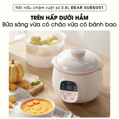 Nồi Ninh, Hấp, Nấu Cháo, Nấu Đồ Ăn Dặm Cho Bé 4 Trong 1 BEAR SUBE001 Có Lồng Hấp Dung Tích 0.8 L Công Suất 200W - Hàng Chính Hãng