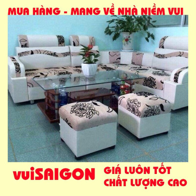 Ghế Sofa nệm mút bền đẹp 2.1m x 1.6 m tặng kèm 1 bàn kính và 2 ghế đôn, mẫu hiện đại phù hợp mọi gia đình