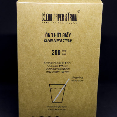 hộp 200 ống hút giấy cao cấp _ Clean Paper Straw màu trắng kích thước 6mm x 197mm dùng cho cà phê, nước ép....