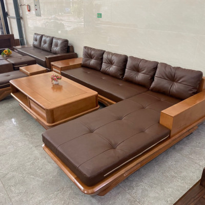 Bộ ghế gỗ sồi nệm da Juno Sofa dày 15 cm kích thước 3m x 2m x 80 cm