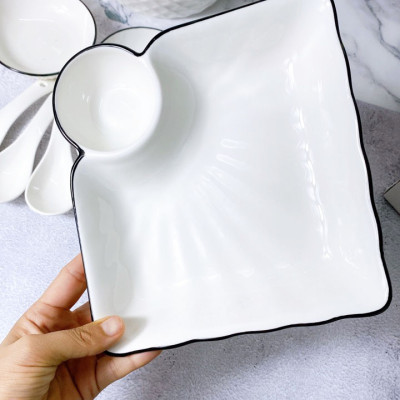 Bộ Chén Dĩa Gốm Sứ Gosu Trắng Cao Cấp Sáng Đẹp Họa Tiết Kim Cương Viền Đen