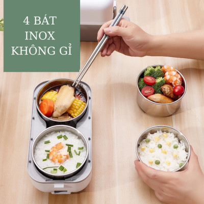 Hộp Cơm Cắm Điện Đời Mới Chính Hãng MINIIN, Hâm Nóng, Giữ Nhiệt, Nấu Chín Cơm Và Thức Ăn, 2 Tầng Nhỏ Gọn, 4 Bát Innox Không Gỉ, Tặng Kèm Bộ Đũa Và Thìa, Đa Chức Năng, Dễ Dàng Vệ Sinh