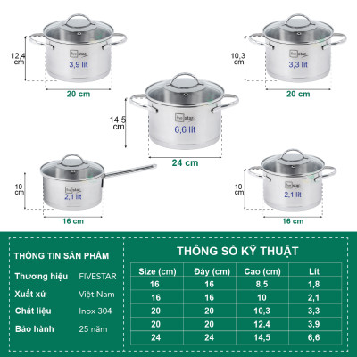 Bộ nồi quánh inox 304 FiveStar 3 đáy từ 5 món nắp kính , quai oval , Tặng 10 muỗng inox