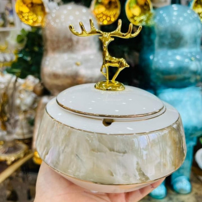GẠT TÀN THUỐC LÁ BẰNG SỨ XƯƠNG CAO CẤP CÓ NẮP HÌNH ĐẦU HƯƠU VÀNG SANG TRỌNG