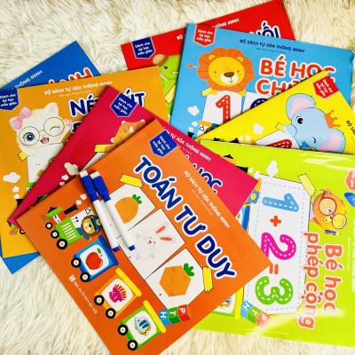 Sách- Combo 4 Cuốn sách Tự xoá Thông minh: Phép trừ+ So sánh+ Toán+ Nét bút (Tặng kèm bút)