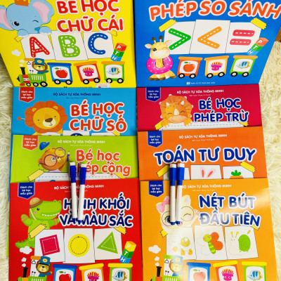 Sách- Combo 4 cuốn sách tự xoá: Chữ số + Phép cộng + Chữ cái+ Hình khối màu sắc (Tặng kèm bút)