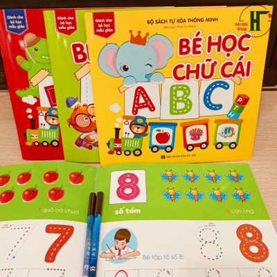 Sách- Combo 4 cuốn sách tự xoá: Chữ số + Phép cộng + Chữ cái+ Hình khối màu sắc (Tặng kèm bút)