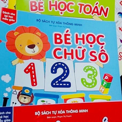 Sách- Combo 4 cuốn sách tự xoá: Chữ số + Phép cộng + Chữ cái+ Hình khối màu sắc (Tặng kèm bút)
