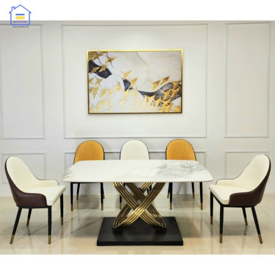 Bàn ăn mặt đá phiến chân inox mạ vàng kết hợp ghế Monet