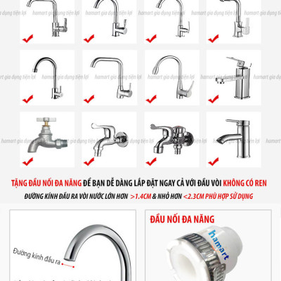 Đầu Lọc Nước Tại Vòi Tăng Áp Xoay 360 Mặt Xả Hoa Sen Rửa Chén Có Đầu Nối & Lõi Bông Lọc Sạch