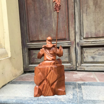 Tượng điêu khắc quan công đọc sách bằng gỗ hương đá liền khối kt cao 40×22×16cm