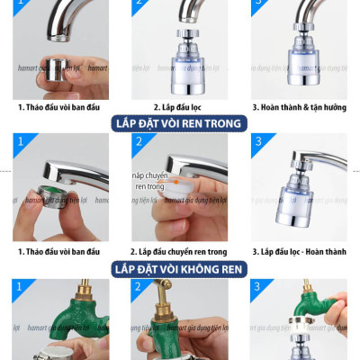 Đầu Lọc Nước Tại Vòi Tăng Áp Xoay 360 Mặt Xả Hoa Sen Rửa Chén Có Đầu Nối & Lõi Bông Lọc Sạch