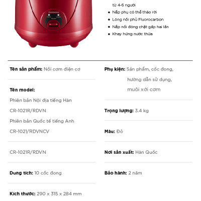 Nồi cơm điện Cuckoo 1.8 lít CR-1021 màu đỏ - bản quốc tế tiếng Anh - Hàng chính hãng Cuckoovina
