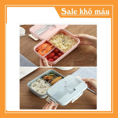  HỘP CƠM LÚA MẠCH 1 tầng 3 NGĂN KÈM ĐŨA THÌA INOX