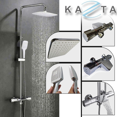 COMBO Thiết Bị Nhà Tắm Cao Cấp KAZTA KZ-CBT15VĐ: Bồn cầu 1 khối viền vàng, Sen tắm chỉnh nhiệt, Gương đèn, Lavabo Bàn Đá 2 Tầng, Vòi và phụ kiện