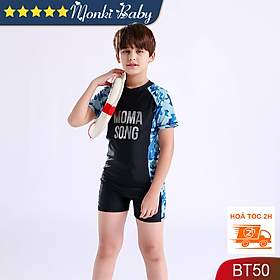 Đồ bơi cho bé trai vừa và lớn size đại đến 55kg, mẫu thun bơi cao cấp, dáng áo cộc tay quần sooc đùi thể thao, có kèm mũ | BT40