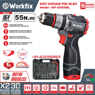 [ TẶNG phụ kiện 24 món] Máy Khoan 3 Chức Năng Workfix 16.8V - WF-ID1610BL - Động Cơ Từ Cao Cấp - 2 Pin 4 Cell  16.8V/2Ah