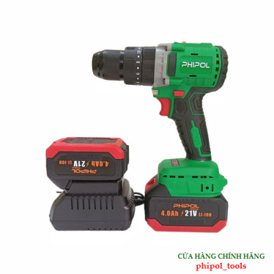 Combo Máy khoan pin 21V đầu kẹp 13mm động cơ không chổi than PHIPOL TOOLS PH3025 Kèm 2 pin và sạc - Hàng Chính Hãng