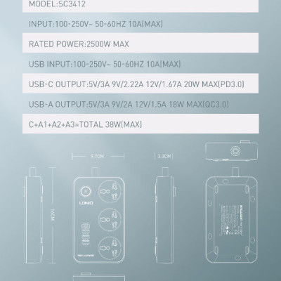 Ổ cắm đa năng 2500W hỗ trợ 3 cổng USB QC18W và PD20W LDNIO SC3412 _ hàng chính hãng