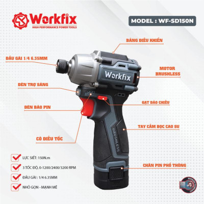 Máy Bắn Vít Workfix 150N.m - WF-SD150N - 3 Tốc Độ - Động Cơ Từ - 2 Pin 16.8V/2Ah - Đầu 1/4 - Nhỏ Gọn Chuyên Dùng Làm Nhôm Kính, Làm Mộc, Nội Thất...