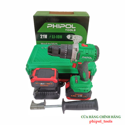 Combo Máy khoan pin 21V đầu kẹp 13mm động cơ không chổi than PHIPOL TOOLS PH3025 Kèm 2 pin và sạc - Hàng Chính Hãng