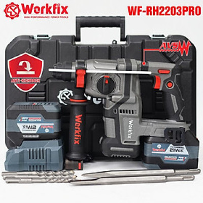 Máy Khoan Đục Bê Tông 3 Chức Năng Dùng Pin 21V Workfix - WF-RH2203PRO - MÀU XÁM - Có Anti-kickback - Chân Pin Phổ thông 2 Pin 21V/6Ah - Động Cơ Từ Lõi Đồng