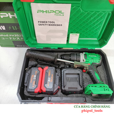 Combo Máy khoan pin 21V đầu kẹp 13mm động cơ không chổi than PHIPOL TOOLS PH3025 Kèm 2 pin và sạc - Hàng Chính Hãng