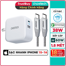 Bộ Củ Sạc Nhanh CHOETECH 38W PD5002 Và Cáp Type C to C 60W Dài 1.8M CC0005-SR Cho iPhone 15, iP16, Cho Samsung- Hàng Chính Hãng