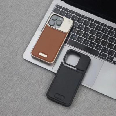 Ốp Lưng da đẳng cấp cho IPhone 15 / 14 Pro Max hiệu NJOYNY Phone, ngăn đựng nước hoa , sạc không dây - Hàng chính hãng
