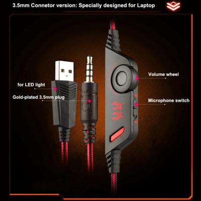 Tai nghe KOTION EACH G9000 chơi game 3,5 mm Tai nghe trò chơi âm thanh nổi Loại bỏ tiếng ồn Tai nghe có mic LED Âm lượng đèn - Đen & Đỏ
