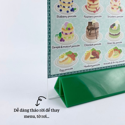 Kệ menu nhà hàng, Standee mica để bàn, Bảng quét mã QR Code, Kệ mica 2 mặt Enter E06-A 210x300mm đế lùa uốn chân chữ A